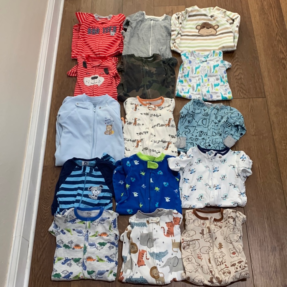 Baby boy sleepers and 2 sleep sacks